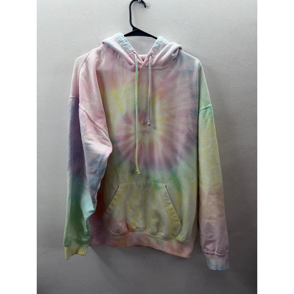 Exist Womens XL Tie Dye Hoodie Pastel Pink Yellow Blue Spiral Pullover Fleece